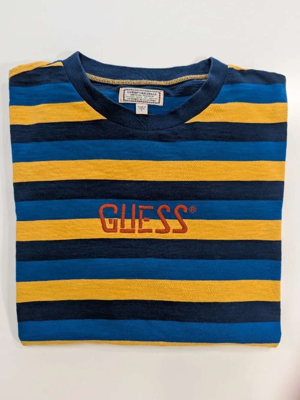 Guess Originals Embroidered Logo Striped Blue and Yellow T-Shirt - Picture 3 of 10